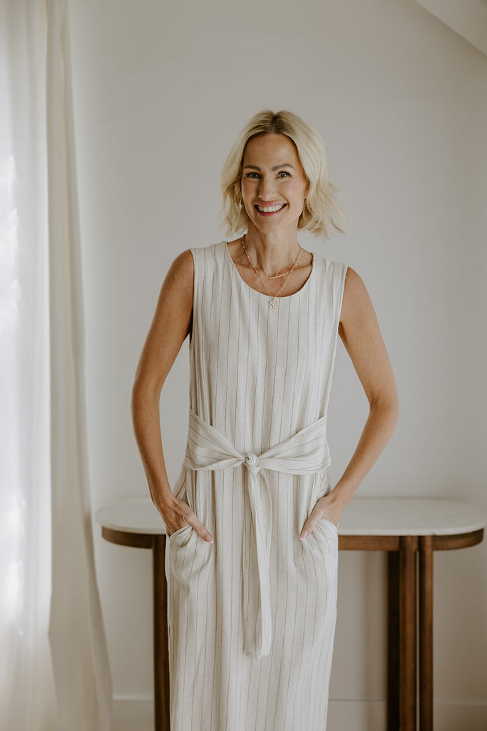 Striped Linen Dress with Smocked Back - Oat