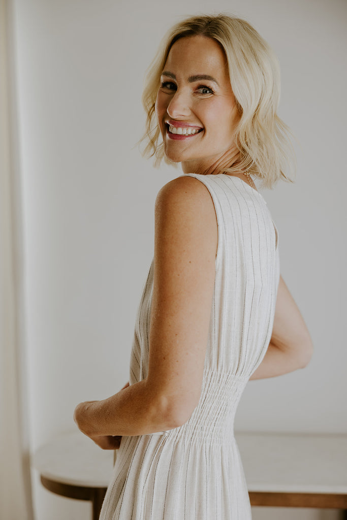 Striped Linen Dress with Smocked Back - Oat
