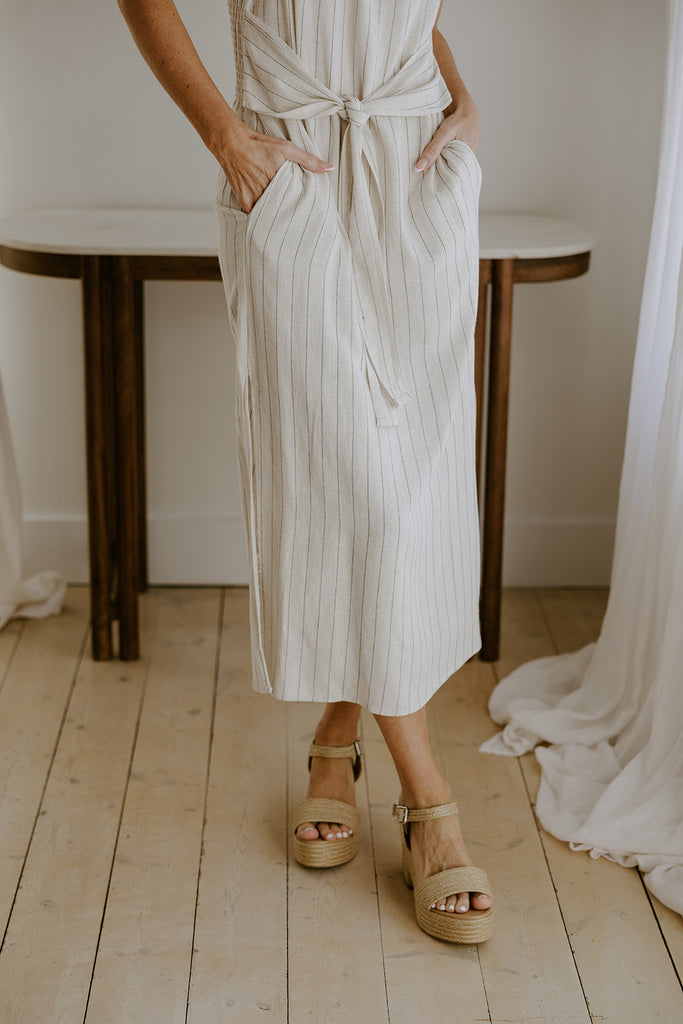 Striped Linen Dress with Smocked Back - Oat