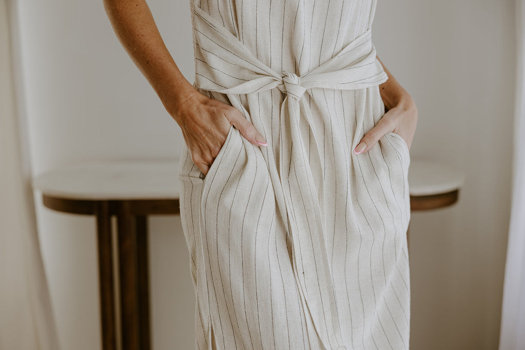 Striped Linen Dress with Smocked Back - Oat