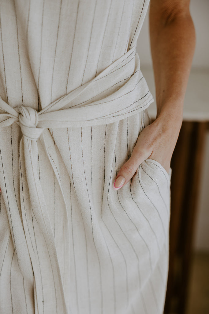 Striped Linen Dress with Smocked Back - Oat