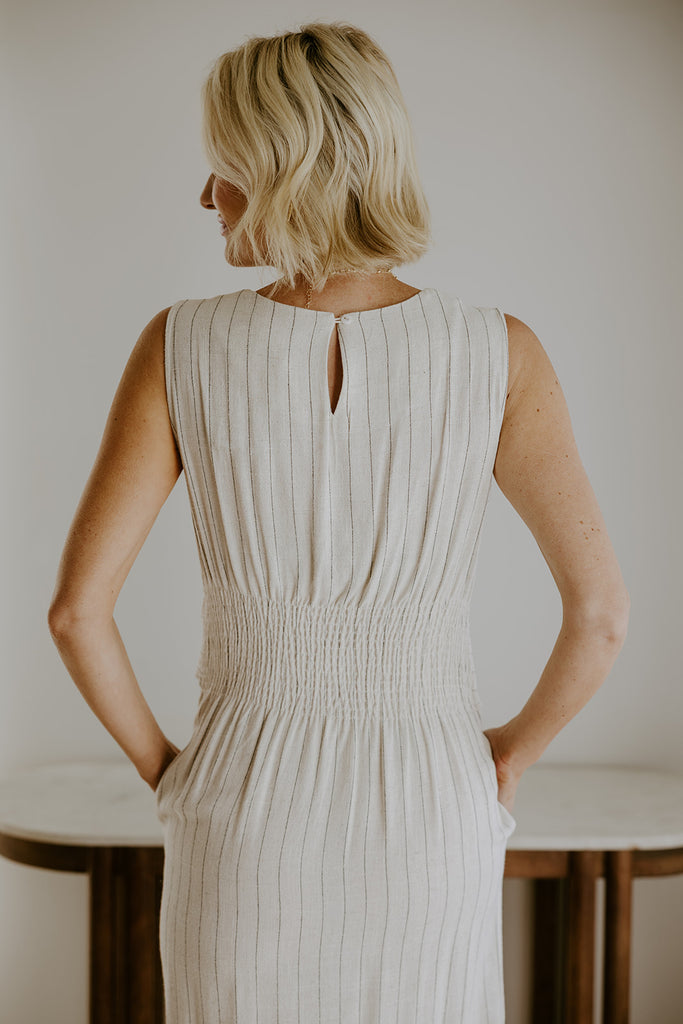 Striped Linen Dress with Smocked Back - Oat