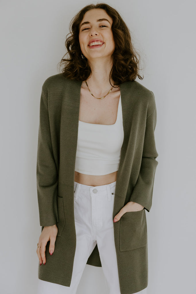 Open Cardigan with Pockets - Olive