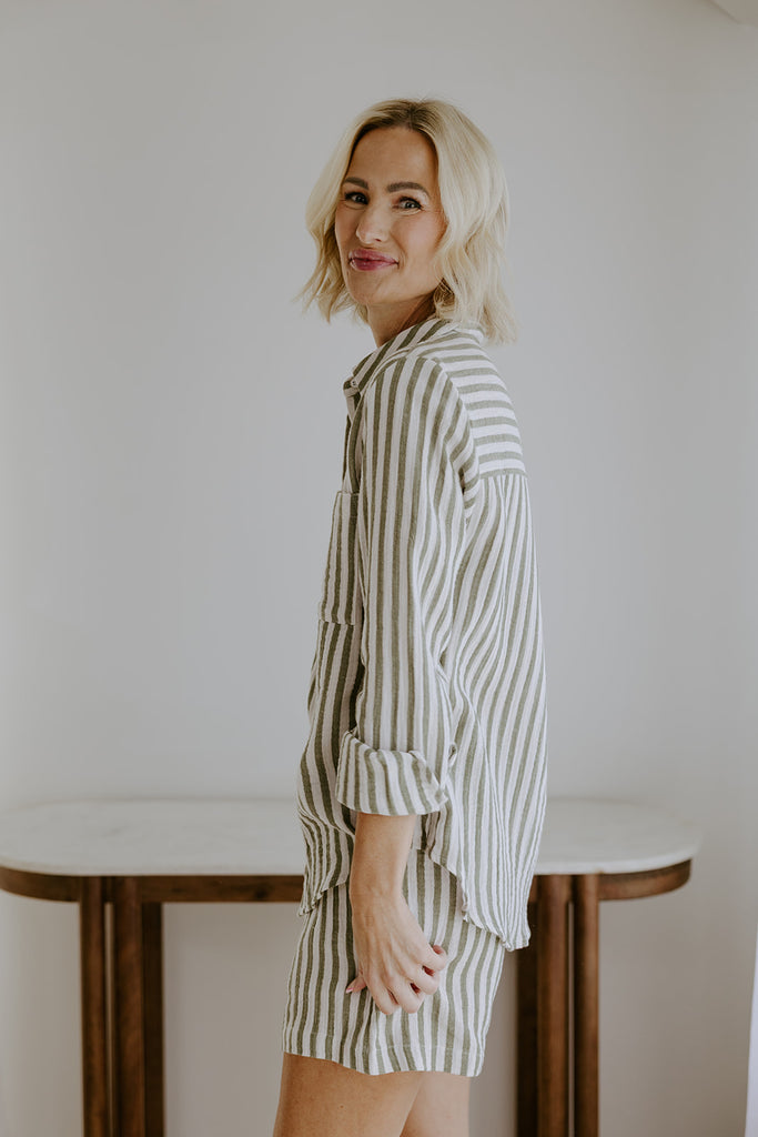 Long Sleeve Striped Button Down - Chive