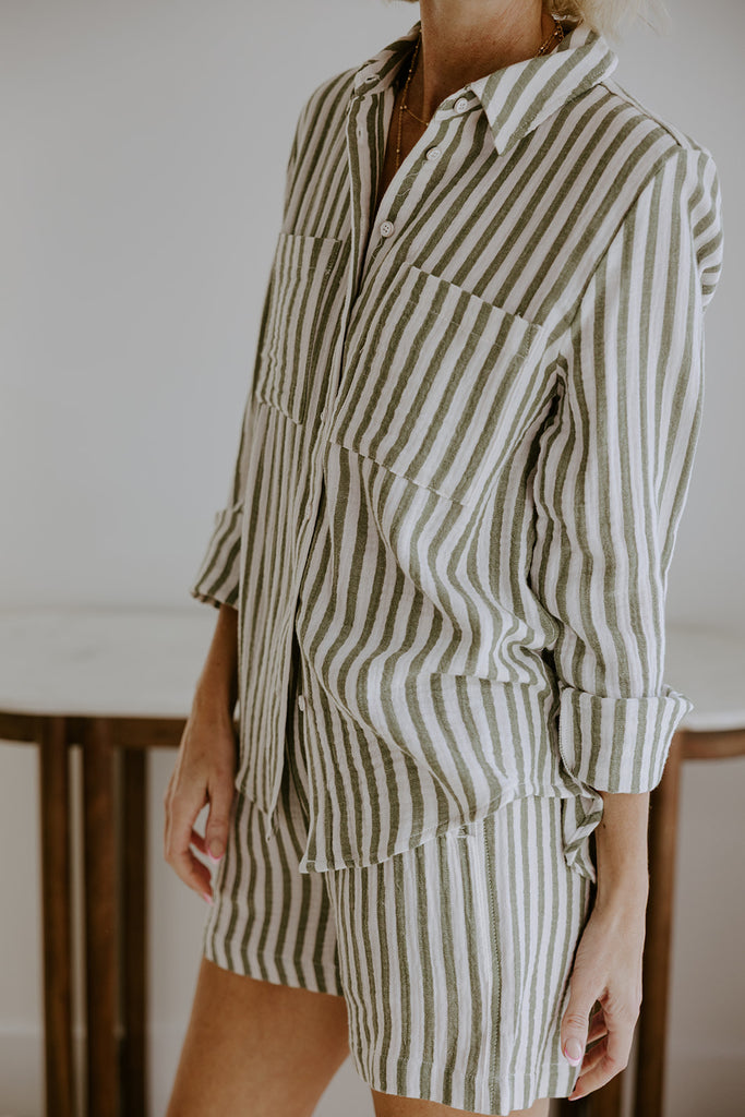 Long Sleeve Striped Button Down - Chive