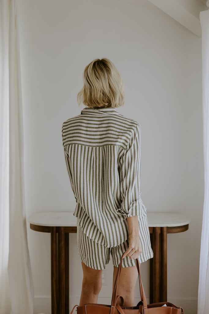 Long Sleeve Striped Button Down - Chive