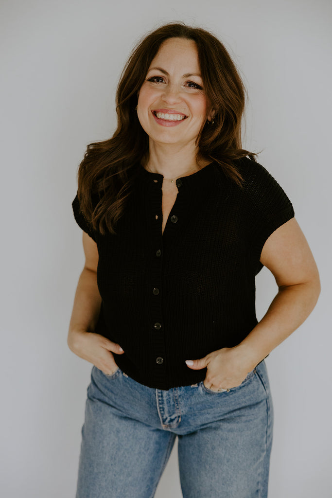 Knit Button Down Vest - Black