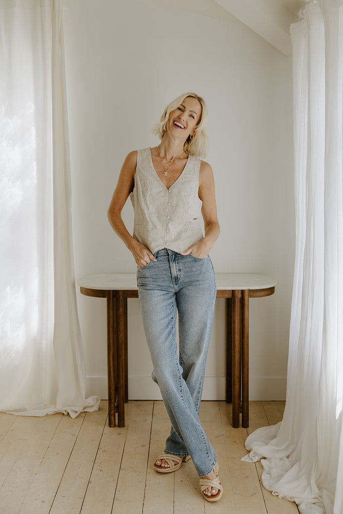Thin Stripe Vest - Khaki and White