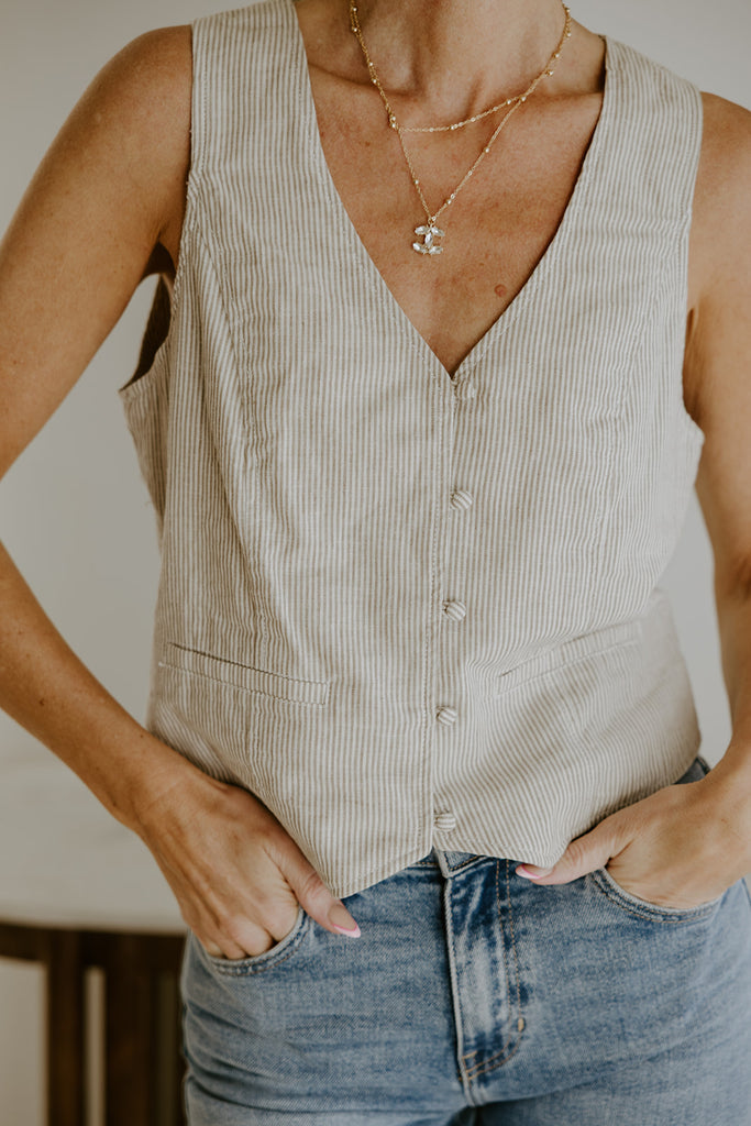 Thin Stripe Vest - Khaki and White