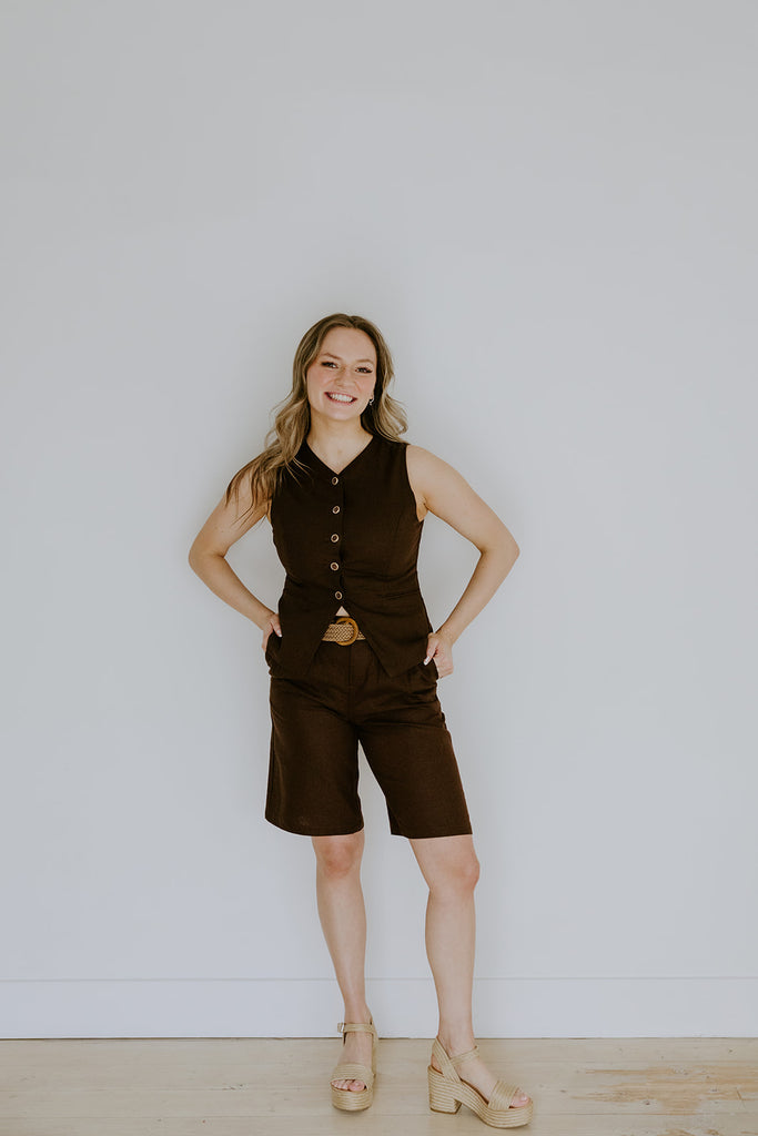 Linen Vest and Shorts Set - Brown