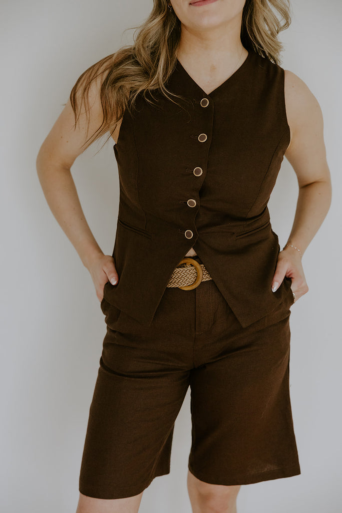 Linen Vest and Shorts Set - Brown