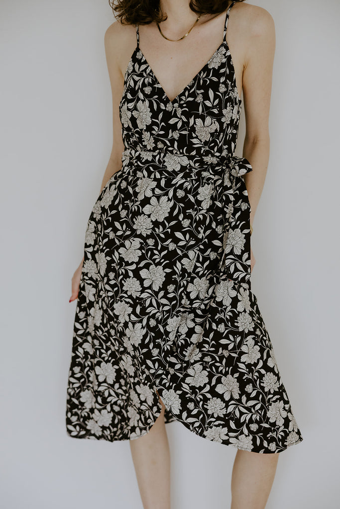 Printed Faux Wrap Midi - Black
