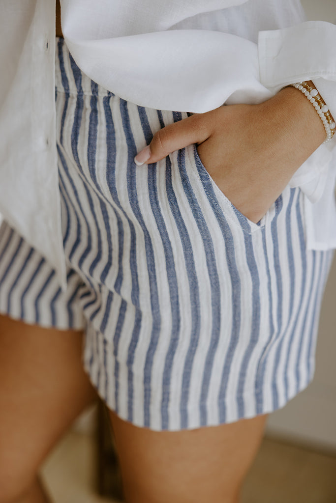 Striped Linen Short with Pocket - Navy