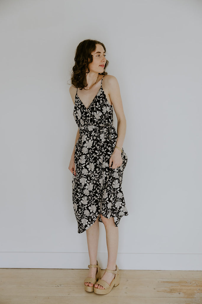 Printed Faux Wrap Midi - Black