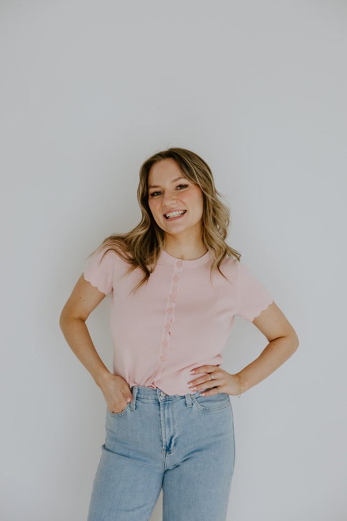Scalloped Short Sleeve Cardi - Pink
