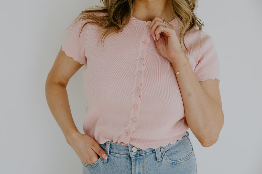 Scalloped Short Sleeve Cardi - Pink
