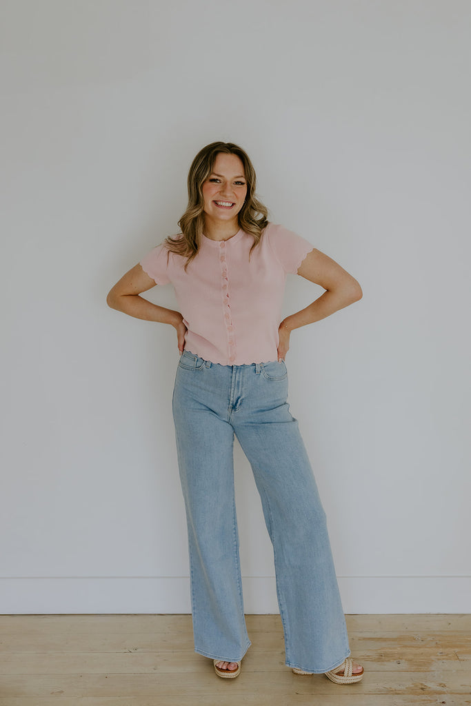 Scalloped Short Sleeve Cardi - Pink