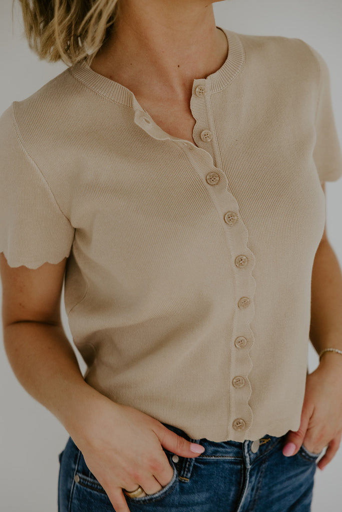 Scalloped Short Sleeve Cardi - Khaki
