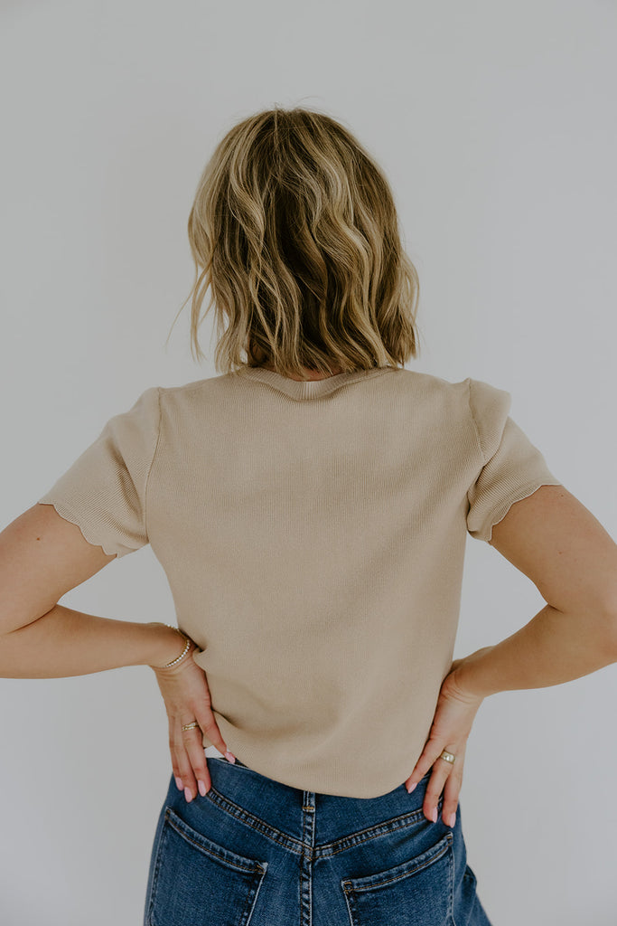 Scalloped Short Sleeve Cardi - Khaki