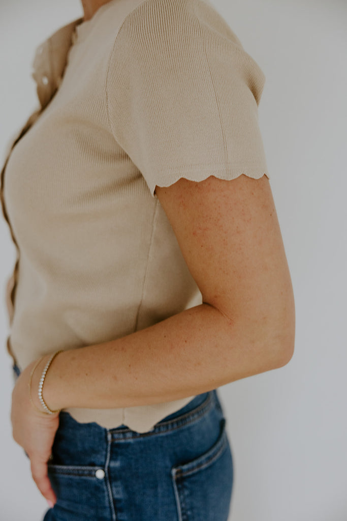Scalloped Short Sleeve Cardi - Khaki