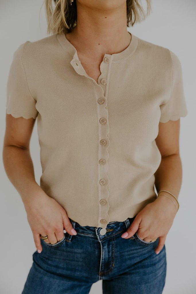 Scalloped Short Sleeve Cardi - Khaki