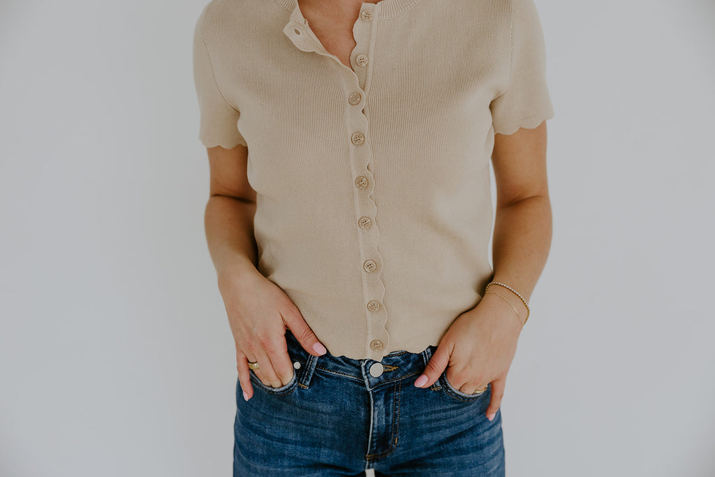 Scalloped Short Sleeve Cardi - Khaki