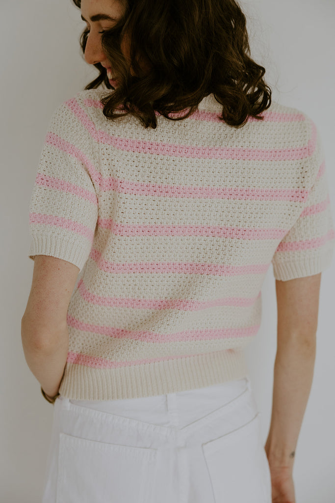 Striped Knit Short Sleeve Cardigan - Pink