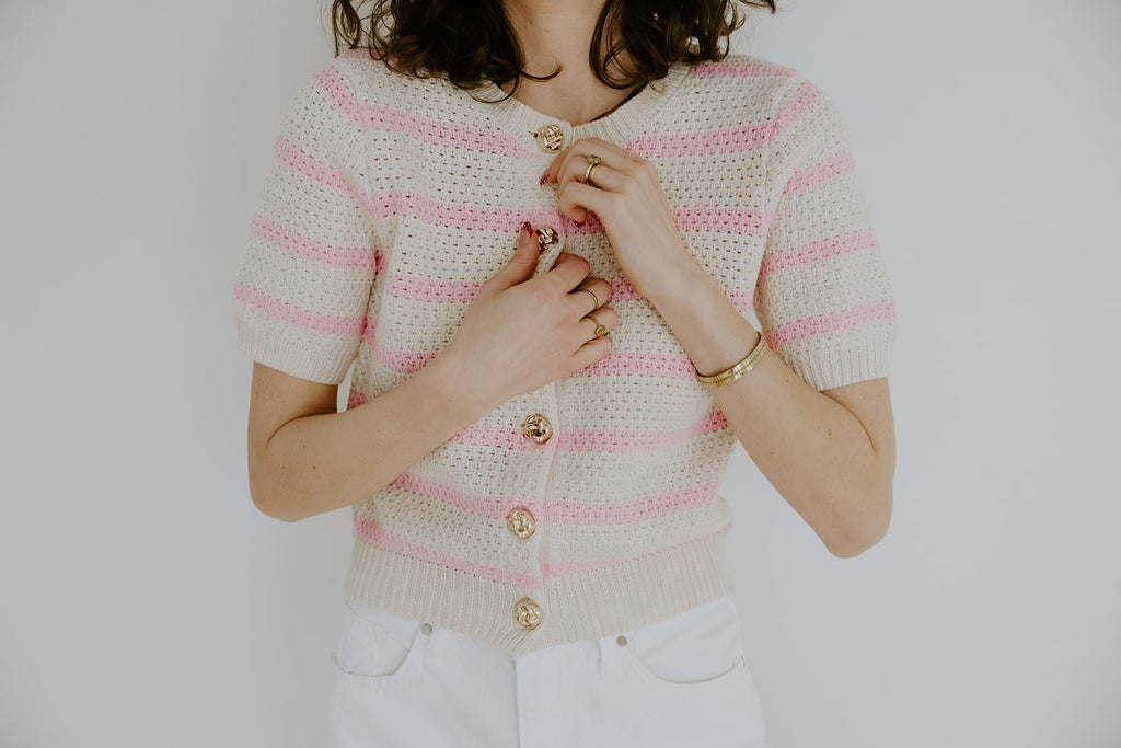 Striped Knit Short Sleeve Cardigan - Pink