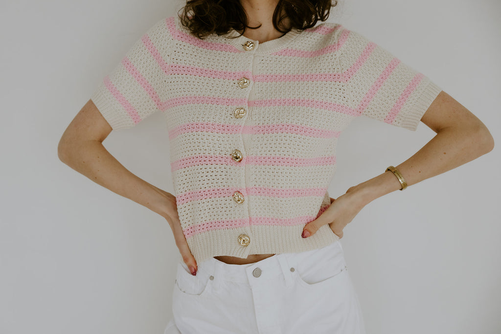 Striped Knit Short Sleeve Cardigan - Pink