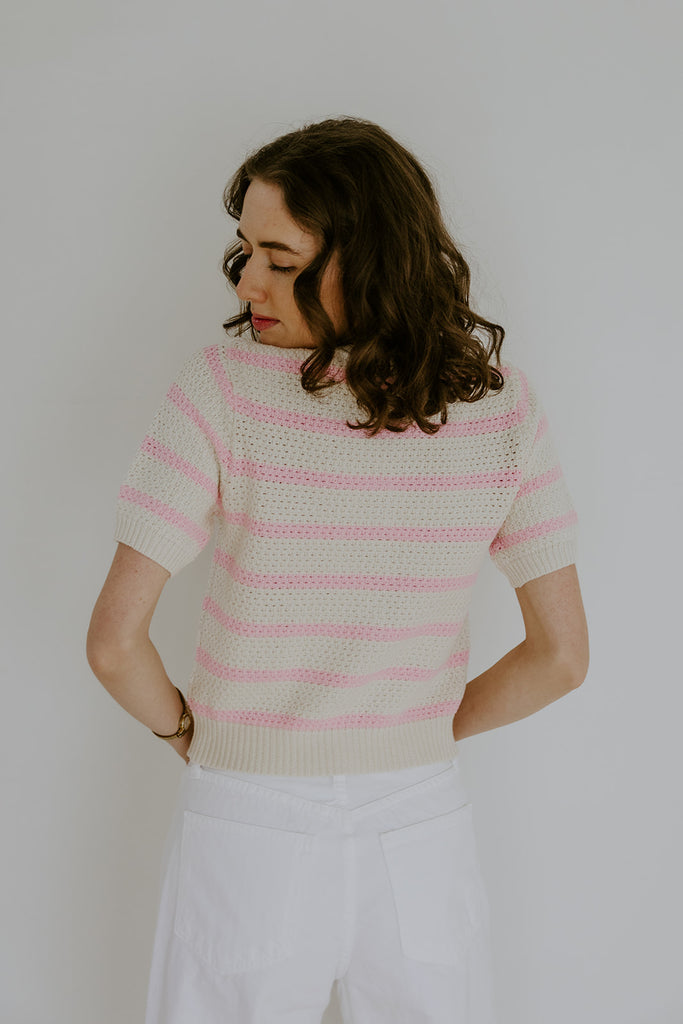 Striped Knit Short Sleeve Cardigan - Pink