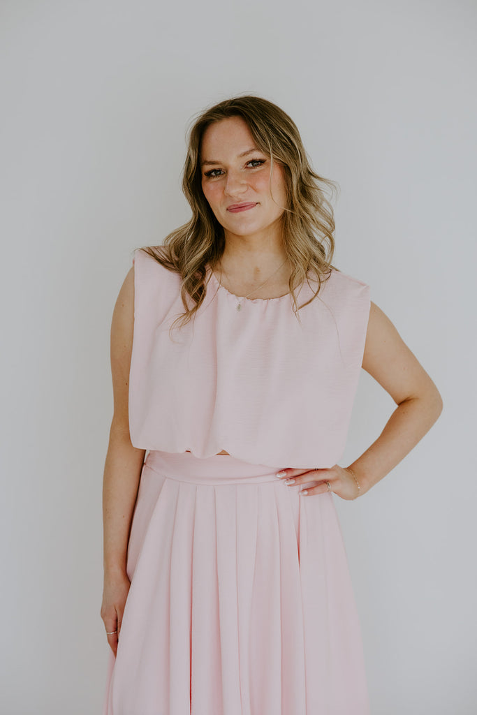 Bubble Top & Flowy Midi Skirt Set - Pink
