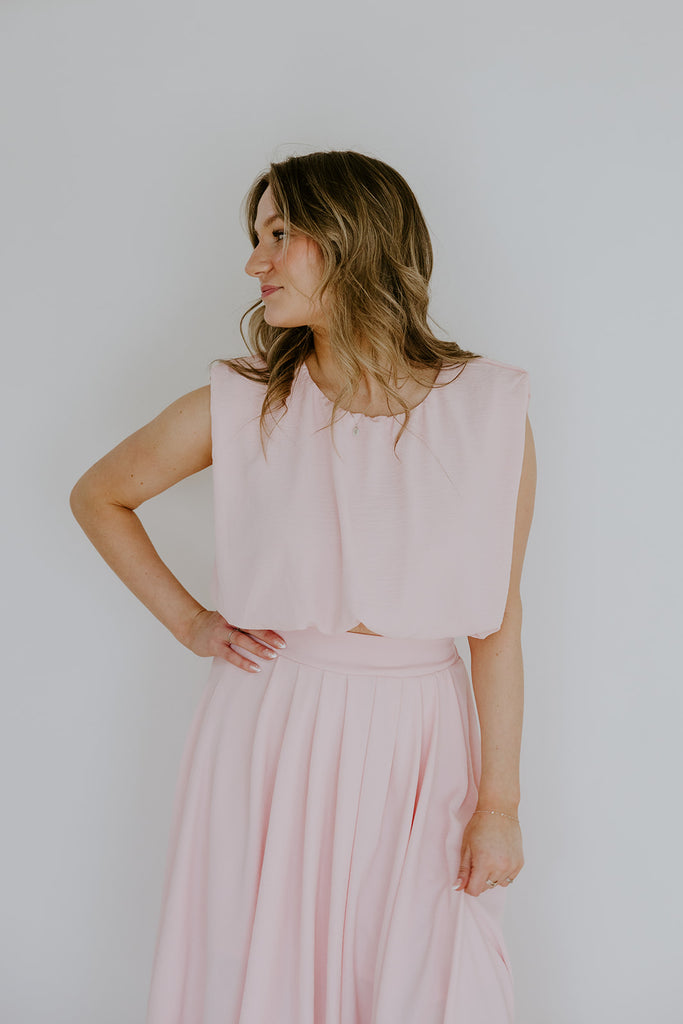 Bubble Top & Flowy Midi Skirt Set - Pink