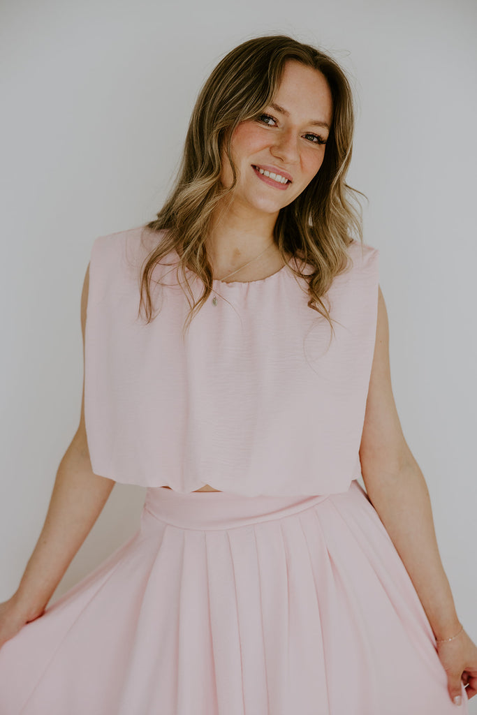 Bubble Top & Flowy Midi Skirt Set - Pink