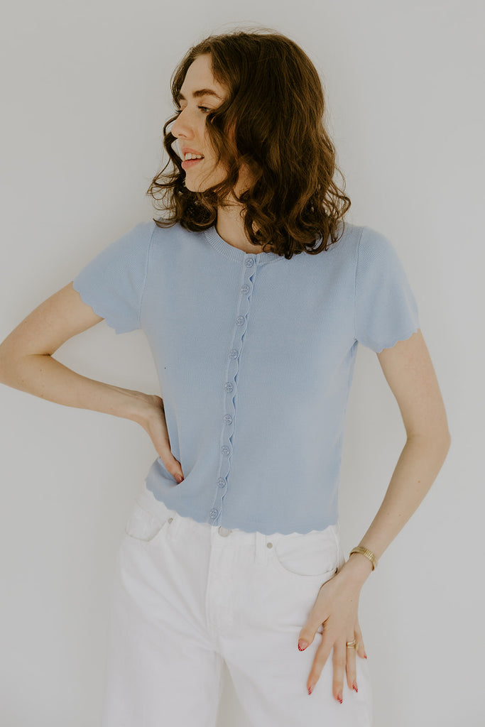 Scalloped Short Sleeve Cardi - Blue