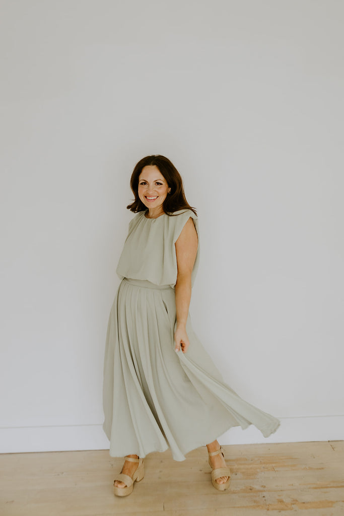 Bubble Top & Flowy Midi Skirt Set - Olive