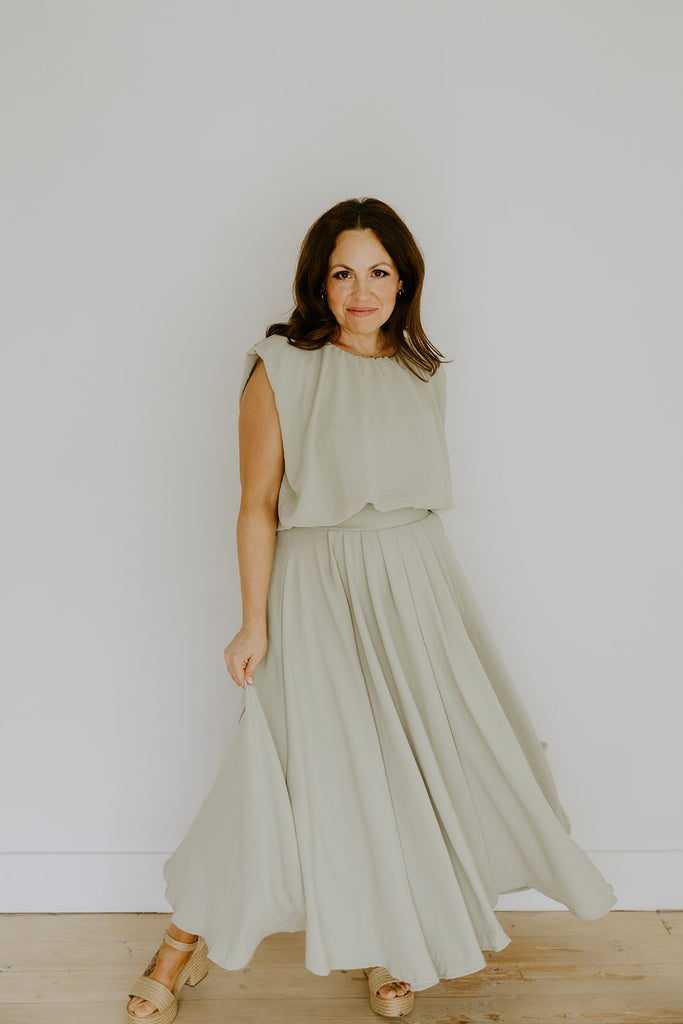 Bubble Top & Flowy Midi Skirt Set - Olive