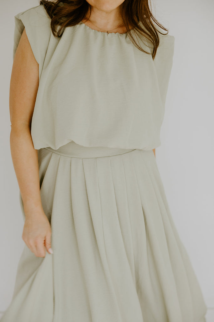Bubble Top & Flowy Midi Skirt Set - Olive