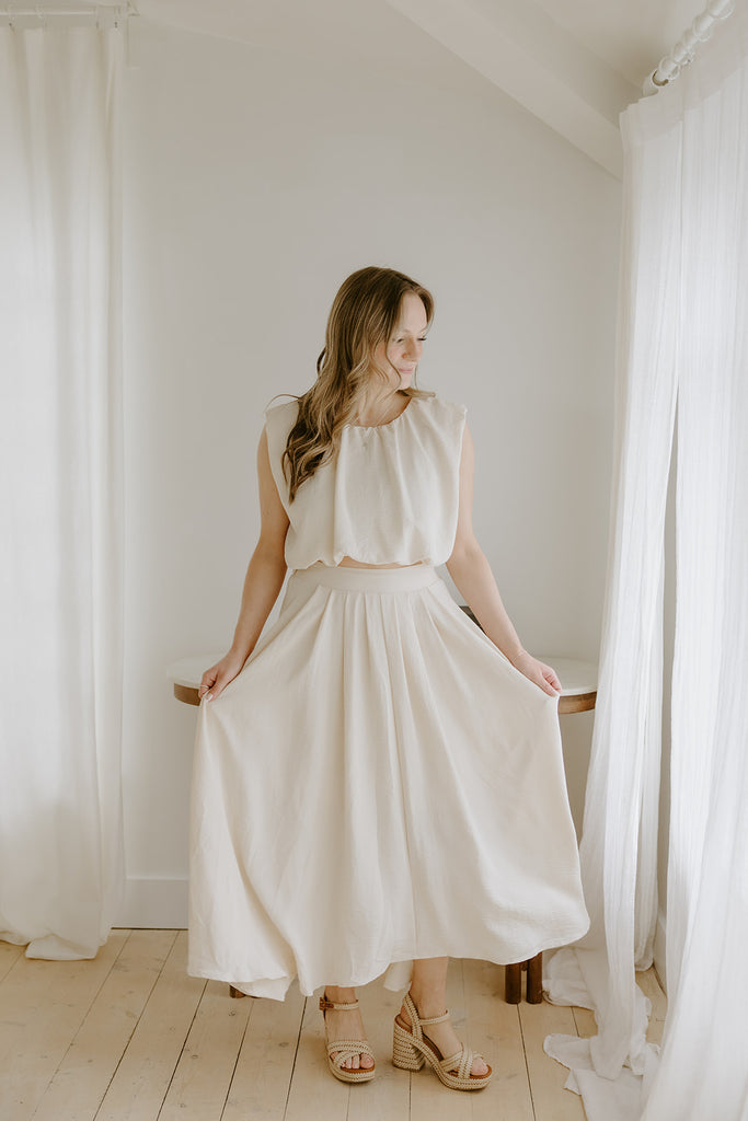 Bubble Top & Flowy Midi Skirt Set - Natural