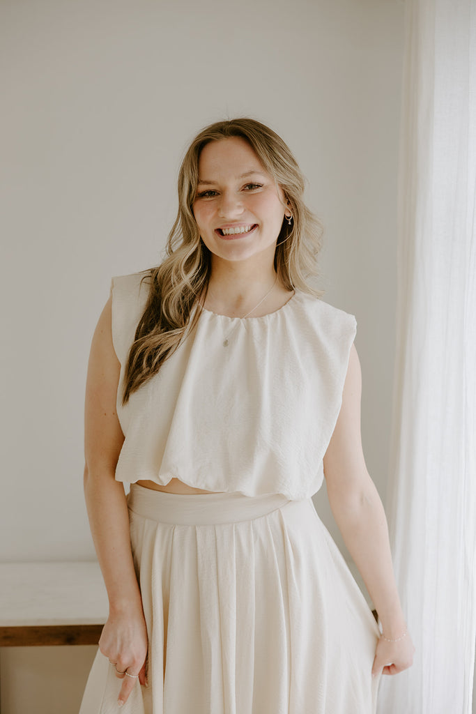 Bubble Top & Flowy Midi Skirt Set - Natural
