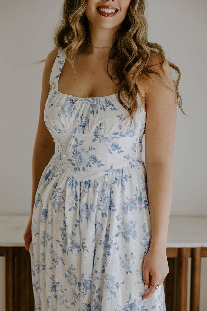 Floral Front Tie Corset Midi Dress - Blue