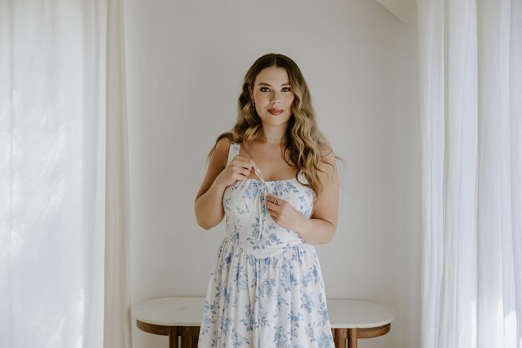 Floral Front Tie Corset Midi Dress - Blue
