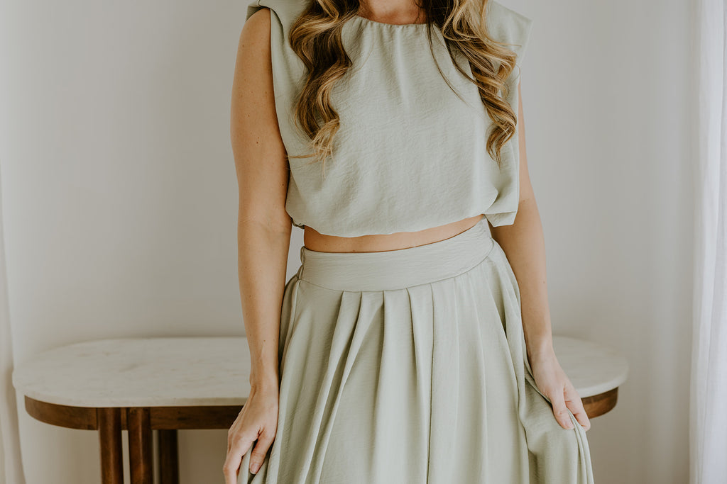 Bubble Top & Flowy Midi Skirt Set - Olive