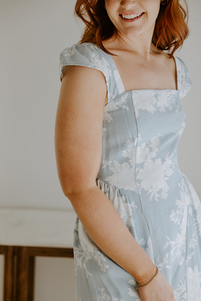 Floral Square Neck Light Blue Midi Dress