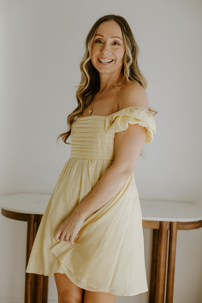 Pleated Front Puff Sleeve Mini - Yellow