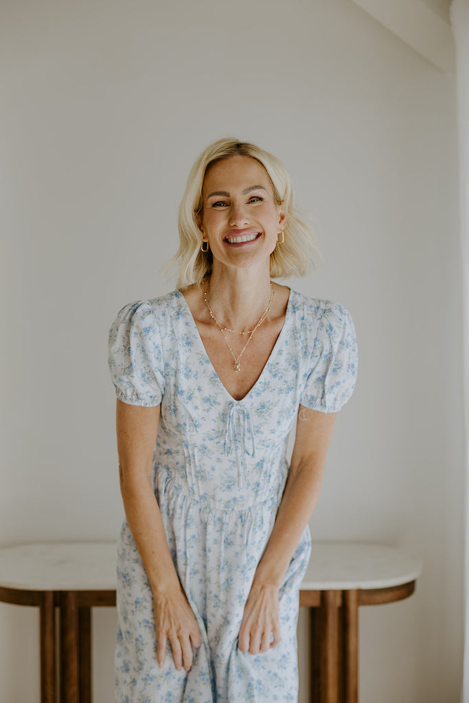 Puff Sleeve Floral Corset Midi - Blue