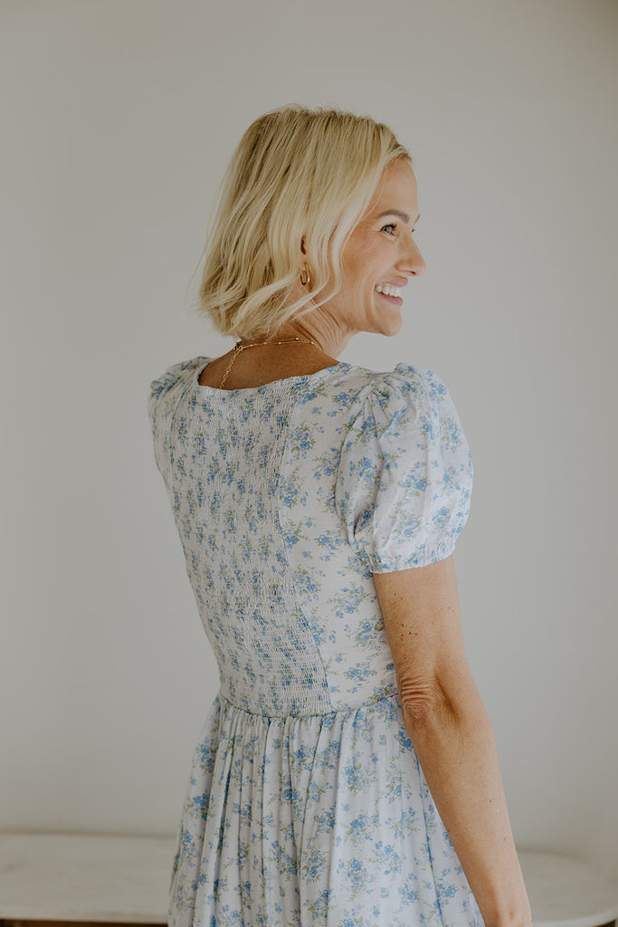 Puff Sleeve Floral Corset Midi - Blue