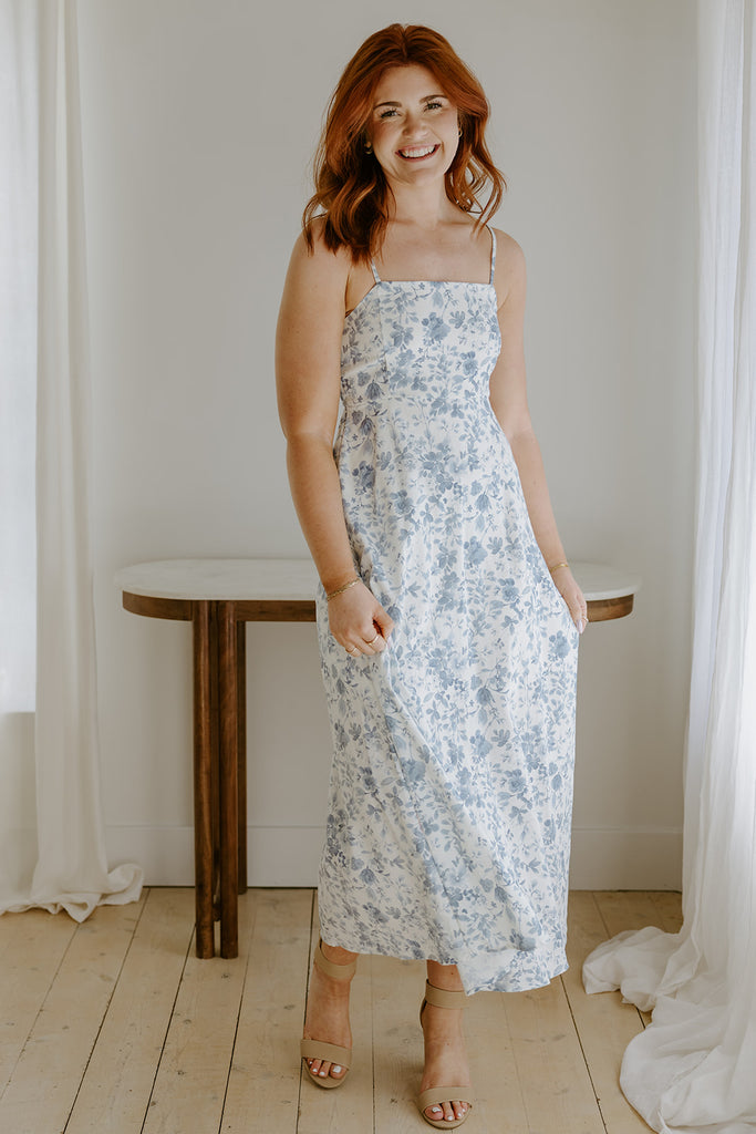Water Colour Floral Midi Dress - Blue