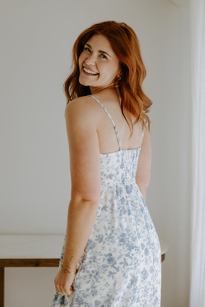 Water Colour Floral Midi Dress - Blue