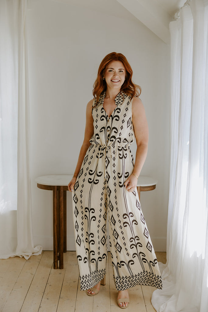 Sleeveless Button Down Printed Jumpsuit