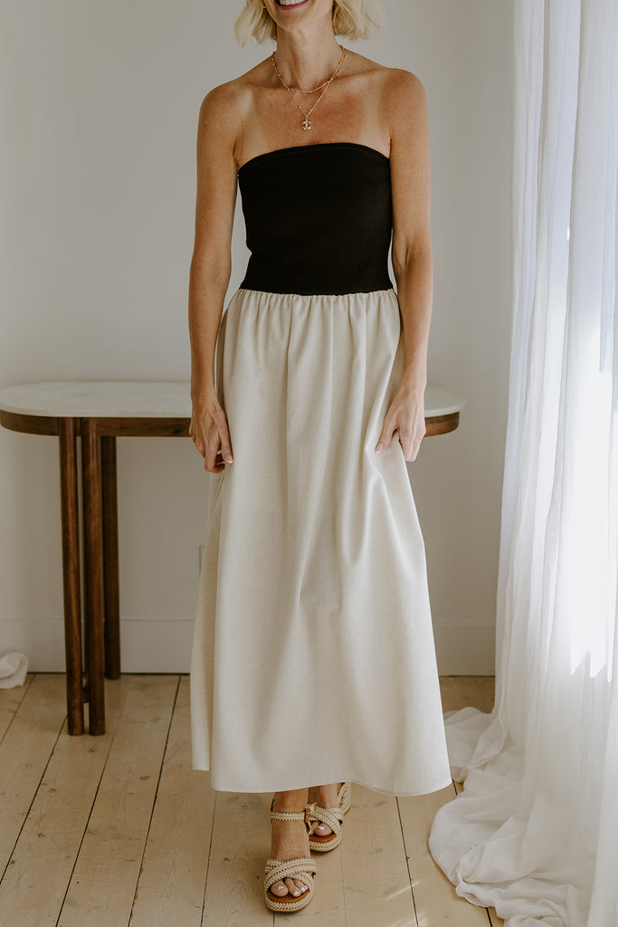 Strapless Mixed Material Midi Dress